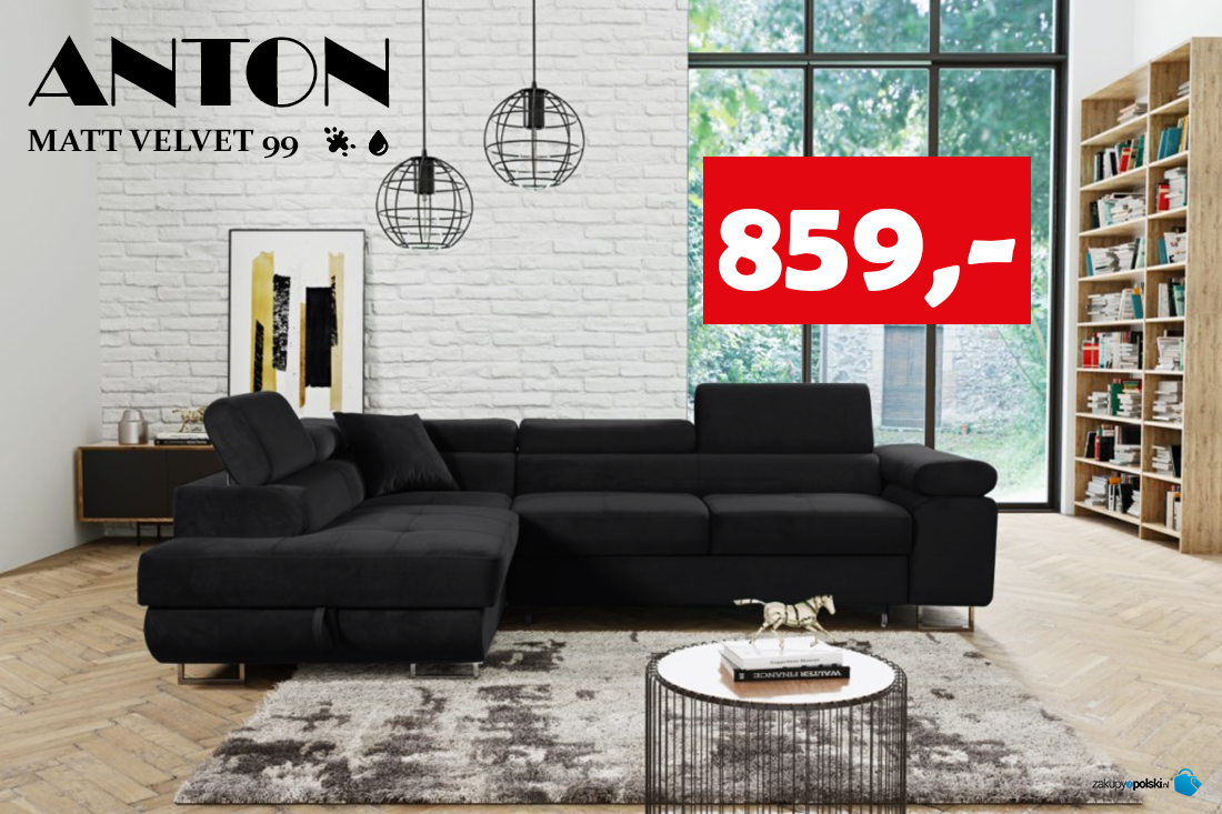 Corner Sofa ANTON black, left side stain resistant, on stock!